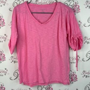 Talbots tee tshirt soft comfy Pink V-Neck Blouse with Ruched Sleeves